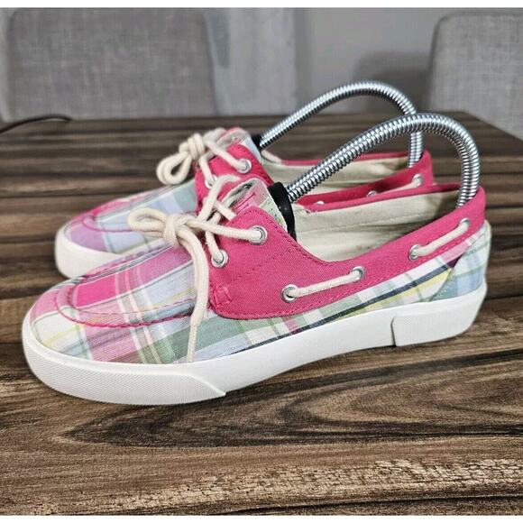 Lauren by Ralph Lauren Breeana Pink Plaid Print Canvas Boat Shoes Size Womens 7B - Picture 1 of 14